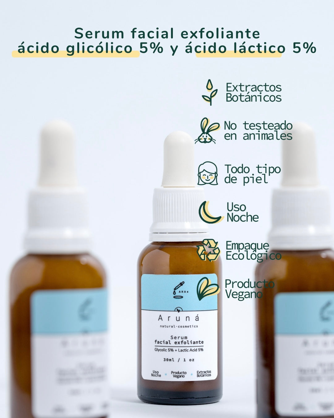 Serum exfoliante de Hidroxiácidos Aruná ácido glicólico al 5% + ácido láctico al 5%