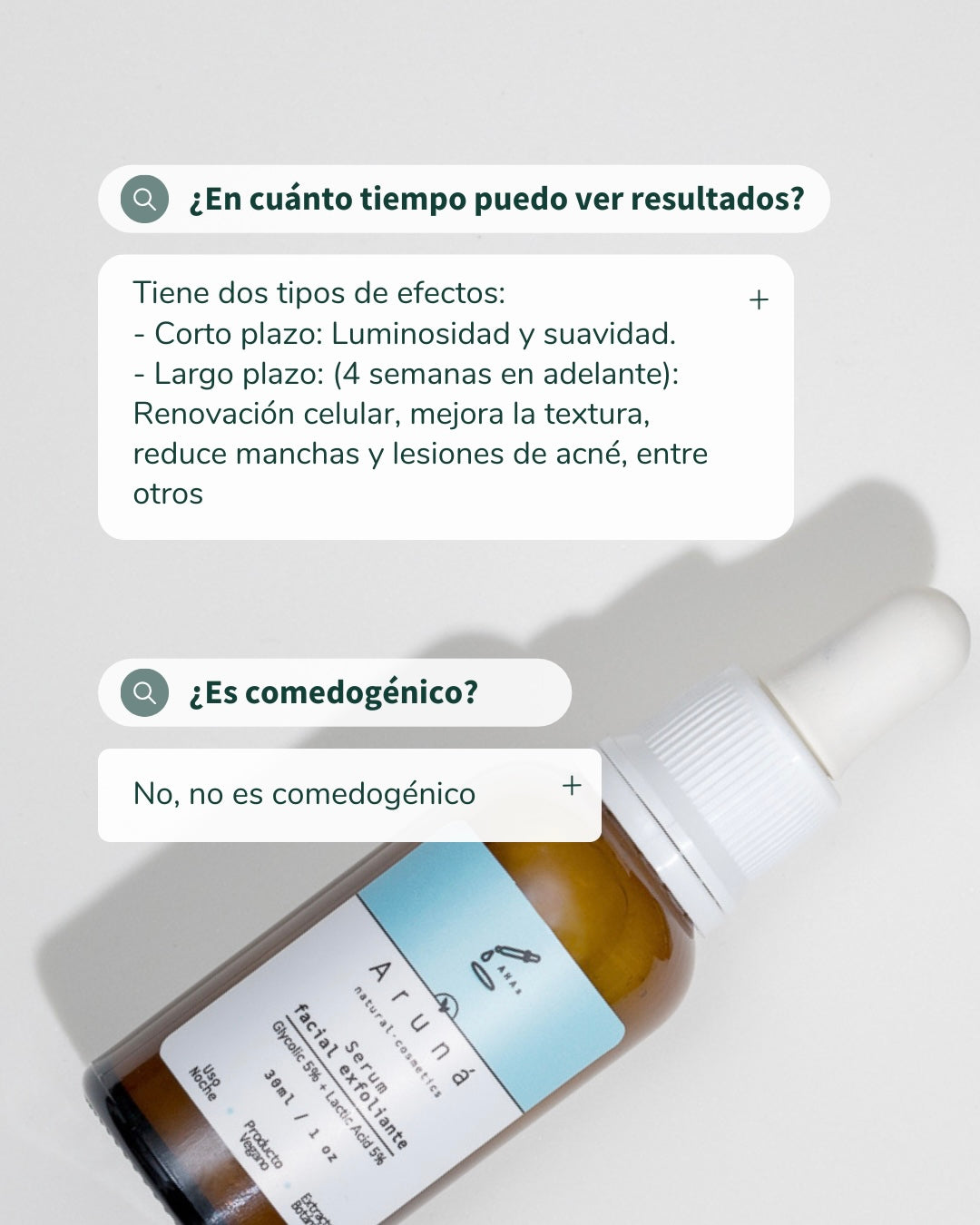 Serum exfoliante de Hidroxiácidos Aruná ácido glicólico al 5% + ácido láctico al 5%