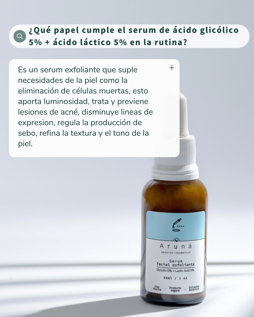 Serum exfoliante de Hidroxiácidos Aruná ácido glicólico al 5% + ácido láctico al 5%