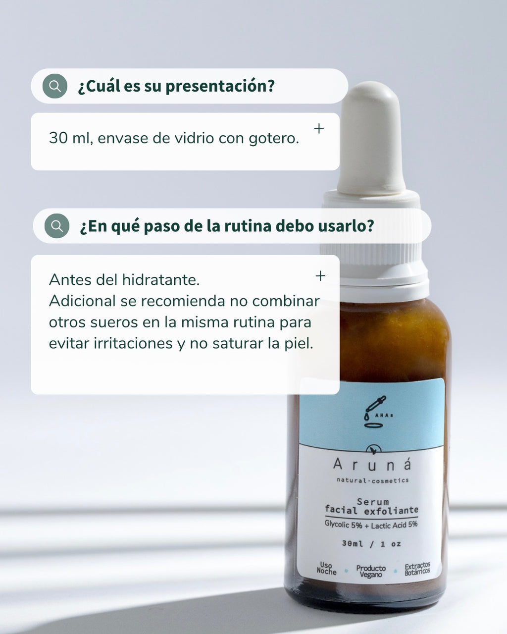 Serum exfoliante de Hidroxiácidos Aruná ácido glicólico al 5% + ácido láctico al 5%
